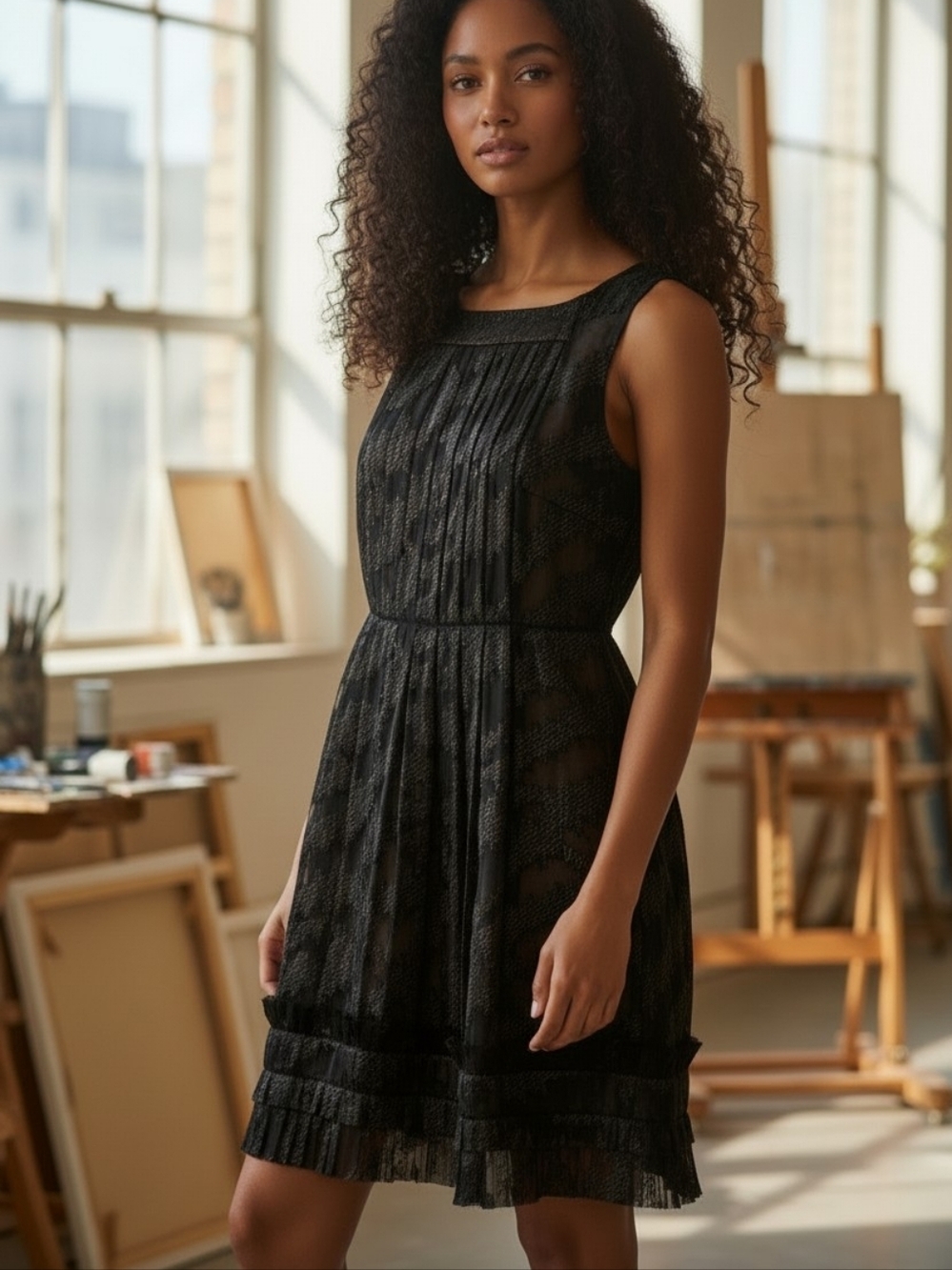 L.A.M.B By Gwen Stefani Silk Lined Dress Black Pleated Ruffle Size 4 Fall 2007